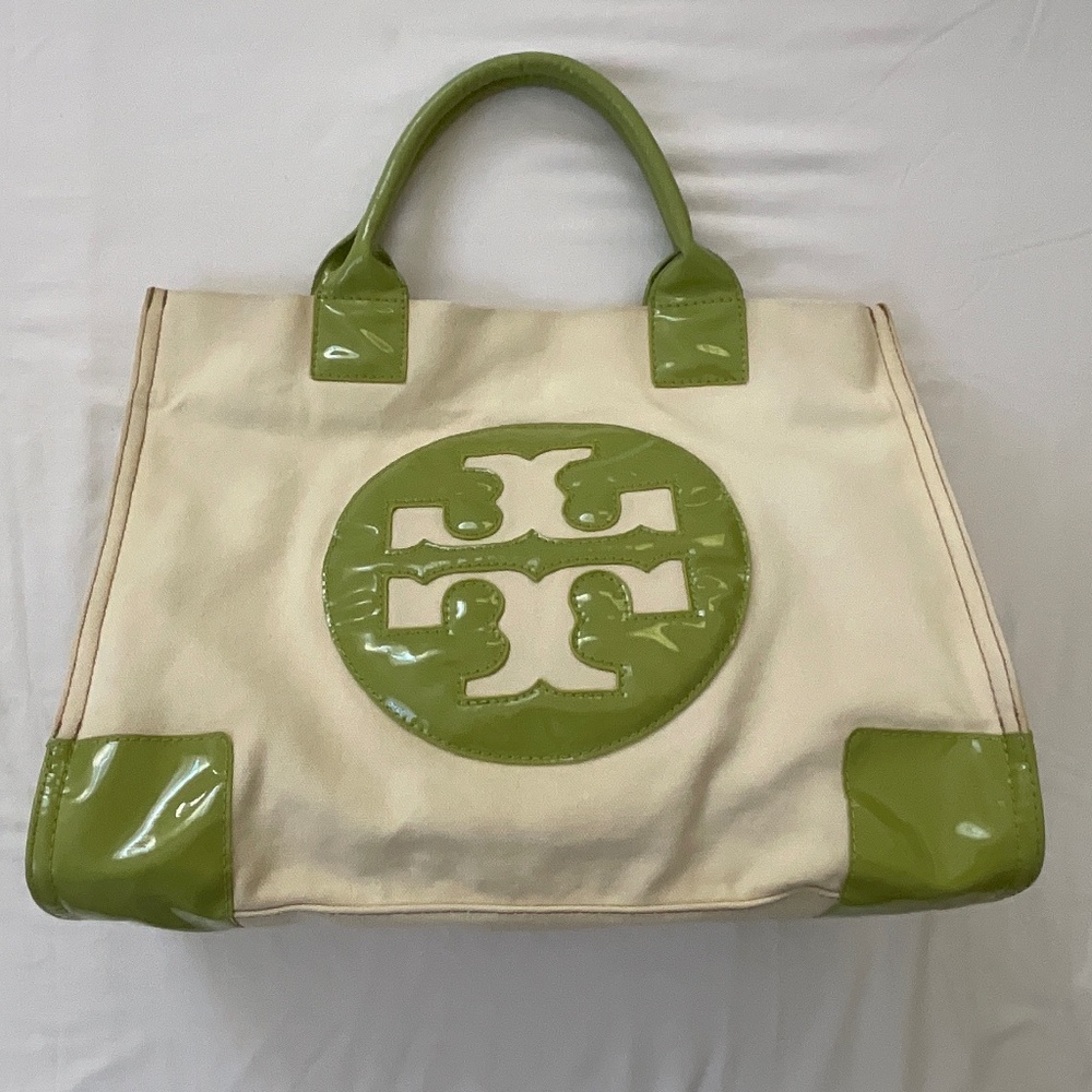 TORY BURCH Vintage Ella Canvas Tote XL Cream/Green